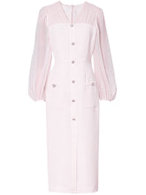 Load image into Gallery viewer, Light Pink Solid Color Puff Long Sleeve V-Neck Pearl 1940S Dress