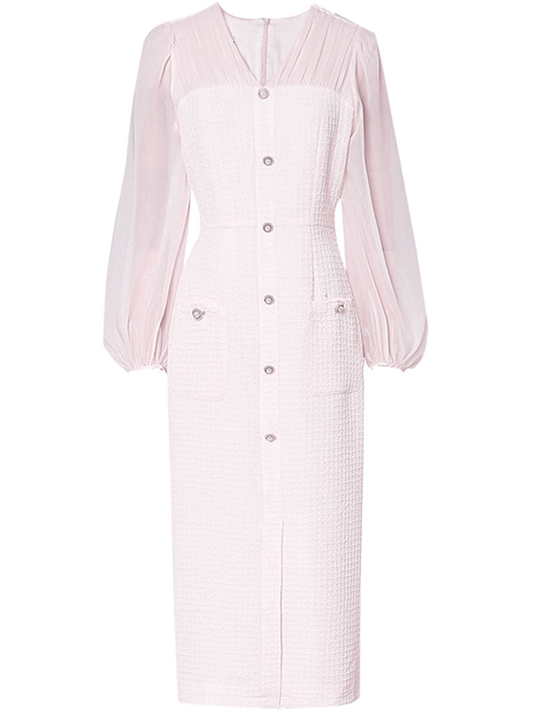 Light Pink Solid Color Puff Long Sleeve V-Neck Pearl 1940S Dress