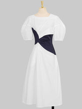Load image into Gallery viewer, White Puff Sleeve Waist Black Knotted Audrey Hepburn&#39;s 1950S Dress