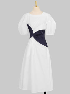White Puff Sleeve Waist Black Knotted Audrey Hepburn's 1950S Dress