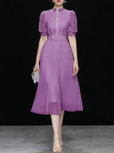 Load image into Gallery viewer, Apricot Stand Collar Puff Sleeve Mesh Pleated Dress
