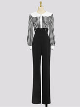 Load image into Gallery viewer, 2PS Black Print Long Sleeve Rhinestone Top With High Waist Wide Leg Pants Suit