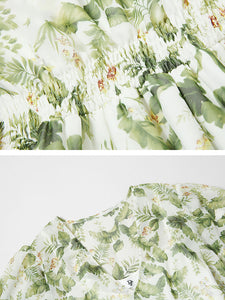Light Green Floral Print V Neck Vintage Style Ruffles Dress