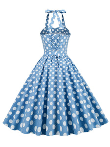 Blue And White Polka Dots Vintage Halter 1950S Dress With Belt