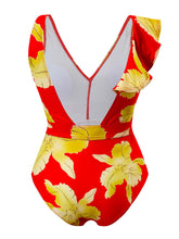 Load image into Gallery viewer, Blue Floral Print Ruffles Strap One Piece With Bathing Suit Wrap Skirt