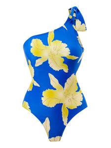 Blue Floral Print Ruffles One Shoulder Bodysuit With Wrap Skirt Bathing Suit