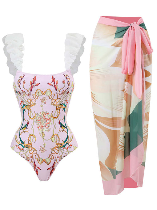Pink Floral Print Flower Strap One Piece With Bathing Suit Wrap Skirt