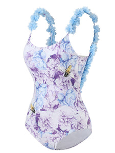 Floral Print Flower Strap One Piece With Bathing Suit Wrap Skirt