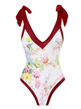 Load image into Gallery viewer, Floral Print Retro Style V Neck One Piece With Bathing Suit Wrap Skirt
