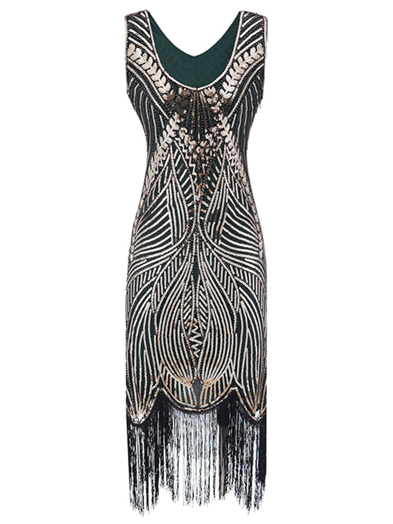 1920s Fringed Sequin Gatsby Flapper Dress, Green / S