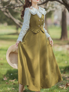 White Embroidered Doll Lapel And Mustard Green Vest Corset Suspender Dress Suit