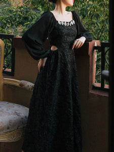 Black Glass Diamond Rose Jacquard Hollow-carved Dress 1950S Hepburn Style Outfits