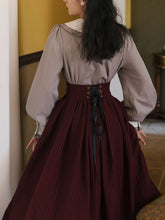 Load image into Gallery viewer, 1950S Vintage Peter Pan Puffed Sleeve Shirt And Striped Jacquard Swing Skirt Set
