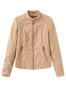 Women‘s Pu Leather Jacket Stand Collar Long Sleeve Coat