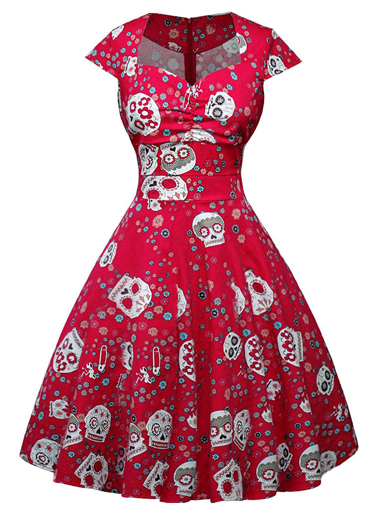 red and black skull dress Gothic Skull Skater Dress S/UK 8-10: Red & Black Cross Back Halter