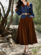 Load image into Gallery viewer, 2PS Denim Coat With Brown Velvet Swing Skirt 1950S Vintage Audrey Hepburn&#39;s Style Outfits