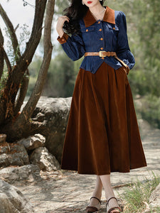 2PS Denim Coat With Brown Velvet Swing Skirt 1950S Vintage Audrey Hepburn's Style Outfits