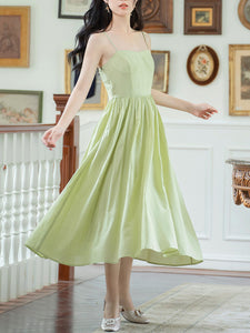 2PS White Cape With Green Spaghetti Strap 1950S Dress Set
