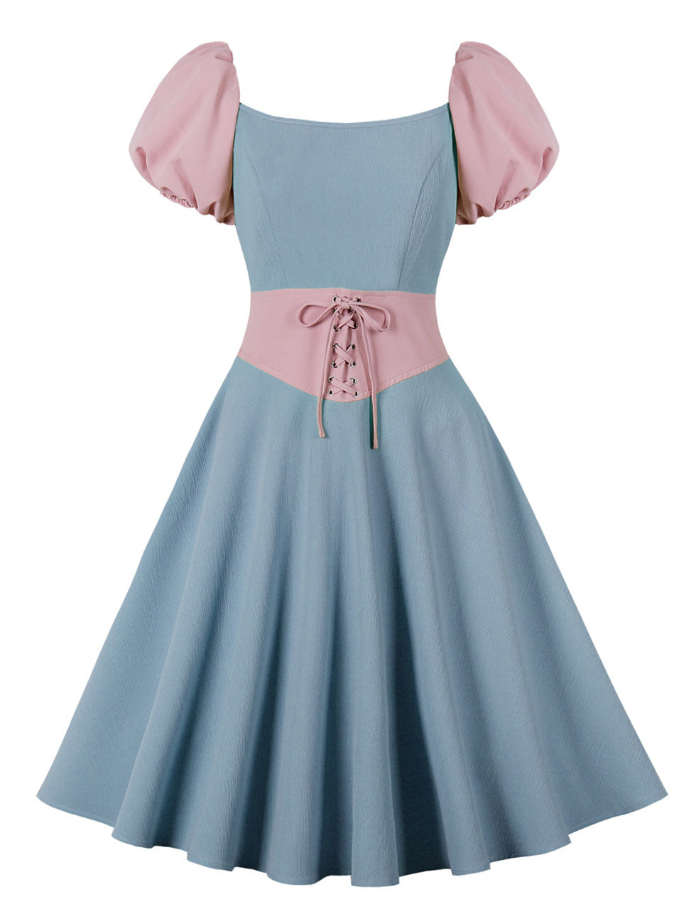 Blue And Pink Puff Sleeve 1950S Vintage Party Dress With Fake