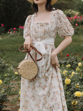 Load image into Gallery viewer, Floral Embroidered Lace Puffed Sleeve Chiffion Vintage Dress With Belt