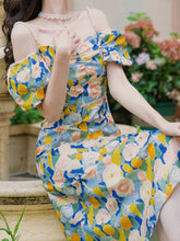 Load image into Gallery viewer, Yellow And Blue Floral Print Off Shoulder 1950S Dress