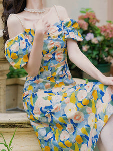 Yellow And Blue Floral Print Off Shoulder 1950S Dress