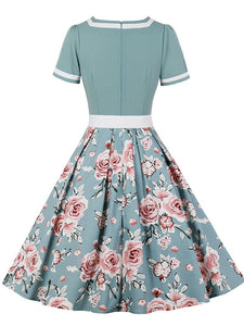 Sweet Heart Collar 1950S Vintage Floral Swing Dress, Blue / 4XL