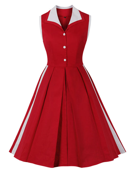 Lapel Collar Red And White Contrast Trim Vinatge Dress