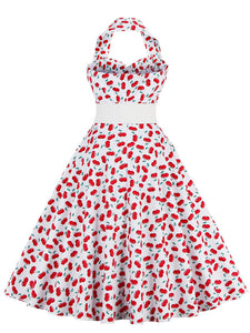 Cherry Off the Shoulder High Waist Halter 1950 Dress