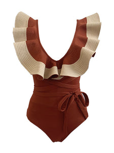 Sailor Style Deep V Neck Ruffles Vintage One Piece Swimwear