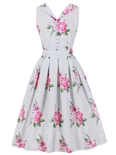 Load image into Gallery viewer, White Rose Flower V Neck 1950S Vintage Swing Dress