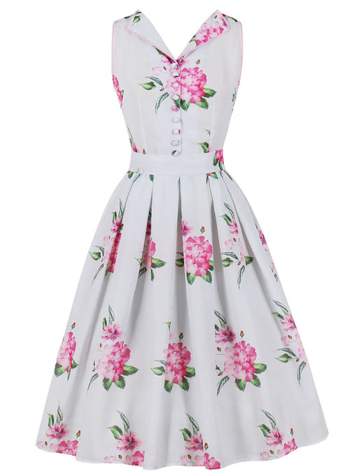 White Rose Flower V Neck 1950S Vintage Swing Dress