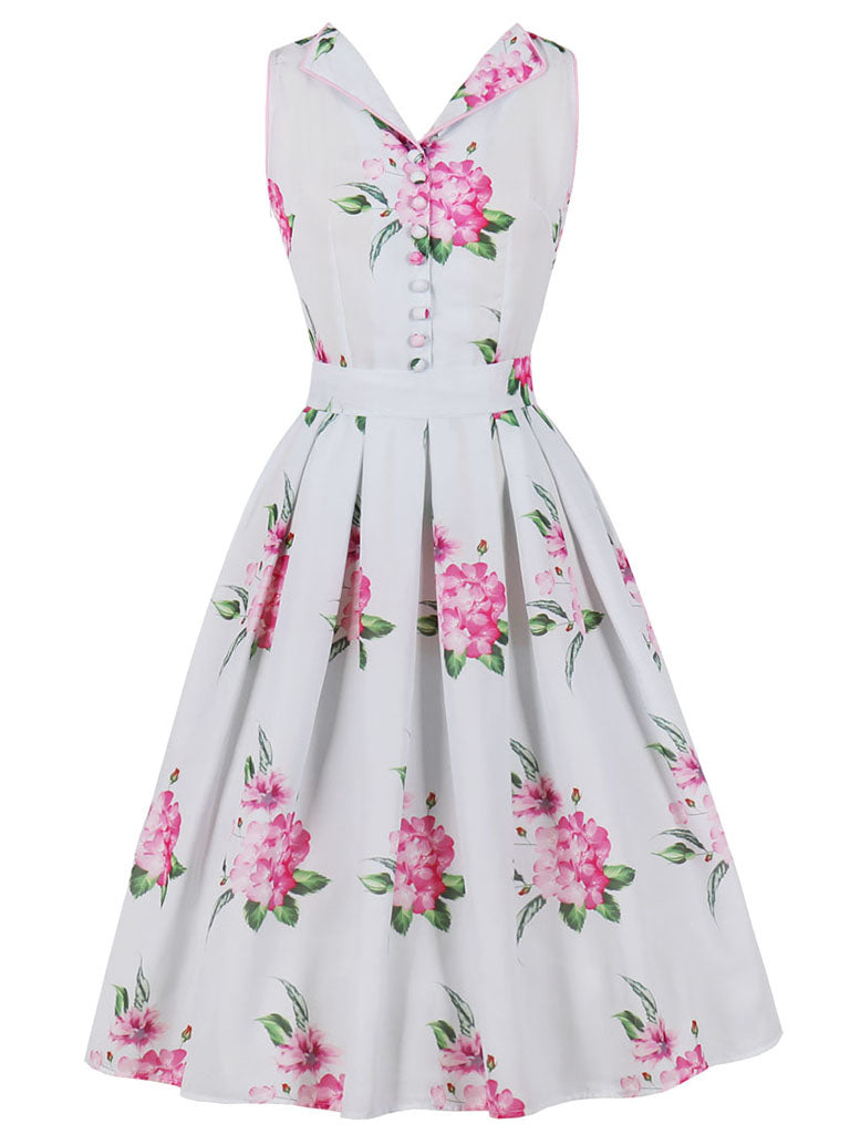 White Rose Flower V Neck 1950S Vintage Swing Dress