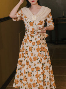 Orange Rose Print Off Shoulder Short Sleeves 50S Chiffon Dress