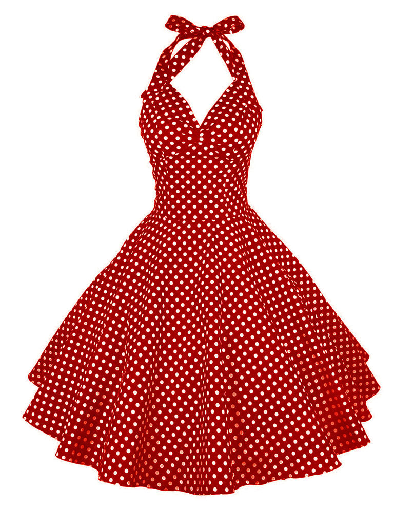 Red Polka Dots Halter Classis Style 1950S Dress, Red / L