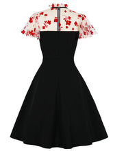 Load image into Gallery viewer, Red Flower Semi Sheer 1950S Swing Vintage Black Dress