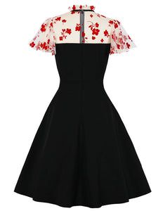 Red Flower Semi Sheer 1950S Swing Vintage Black Dress