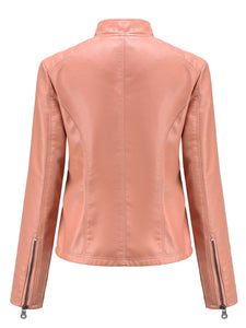 Pink Long Sleeve PU Leather Motorcycle Jacket For Women