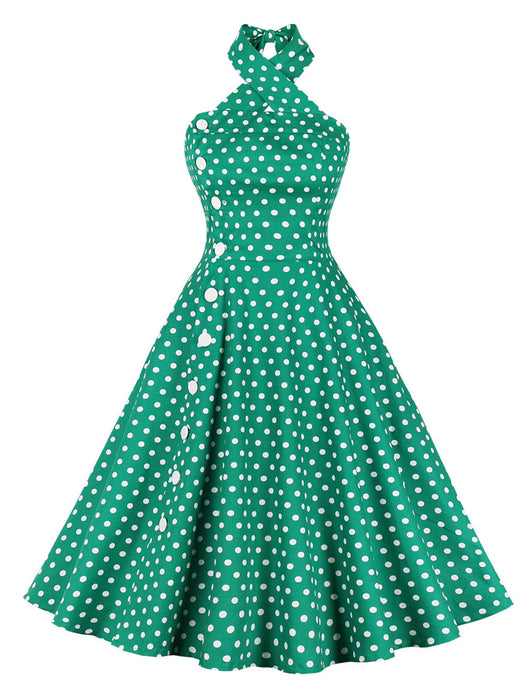 Polka Dots Halter Elastic Back High Waist 1950 Vintage Dress