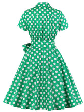 Load image into Gallery viewer, Green Elegant High Waist V Neck Short Sleeve Dots Vintage Dress