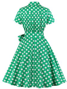 Green Elegant High Waist V Neck Short Sleeve Dots Vintage Dress