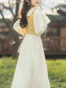 Yellow Square Neck Ruffle Corset Vintage Fairy Dress