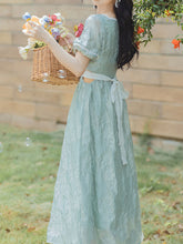 Load image into Gallery viewer, Green Square Collar Puff Sleeve Summer 1950S Flower Vintage Dress