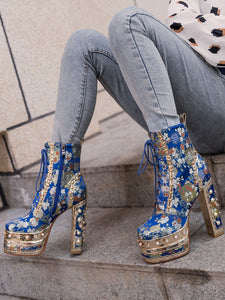 15CM Luxury Embroidered Chunky High Heel Platform Bootie Vintage Shoes