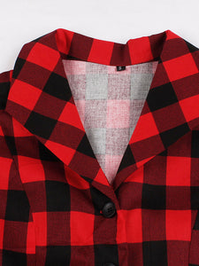 Red Plaid Turn Collar Cotton Vintage 1950S Dress With Belt