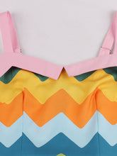 Load image into Gallery viewer, 1950s Rainbow Print Of Multicoloured Zig-zagged Lines Swing Dress With Belt