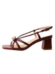 Women's Low Heel Sandals Square Toe Rose Leather Vintage Shoes