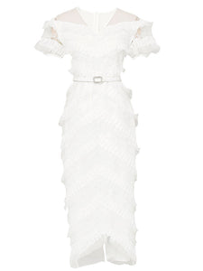 White Romantic Wedding Ruffles V-Neck Sequin Lace Irregular Hem Dress