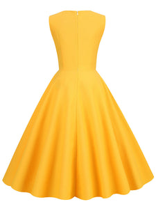 Yellow Cut Out Sleeveless 1950S Vinatge Dress With Pockets