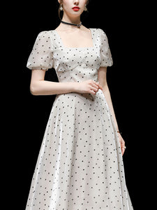 Blue Polka Dots Puff Sleeve Vintage Style 1950S Dress